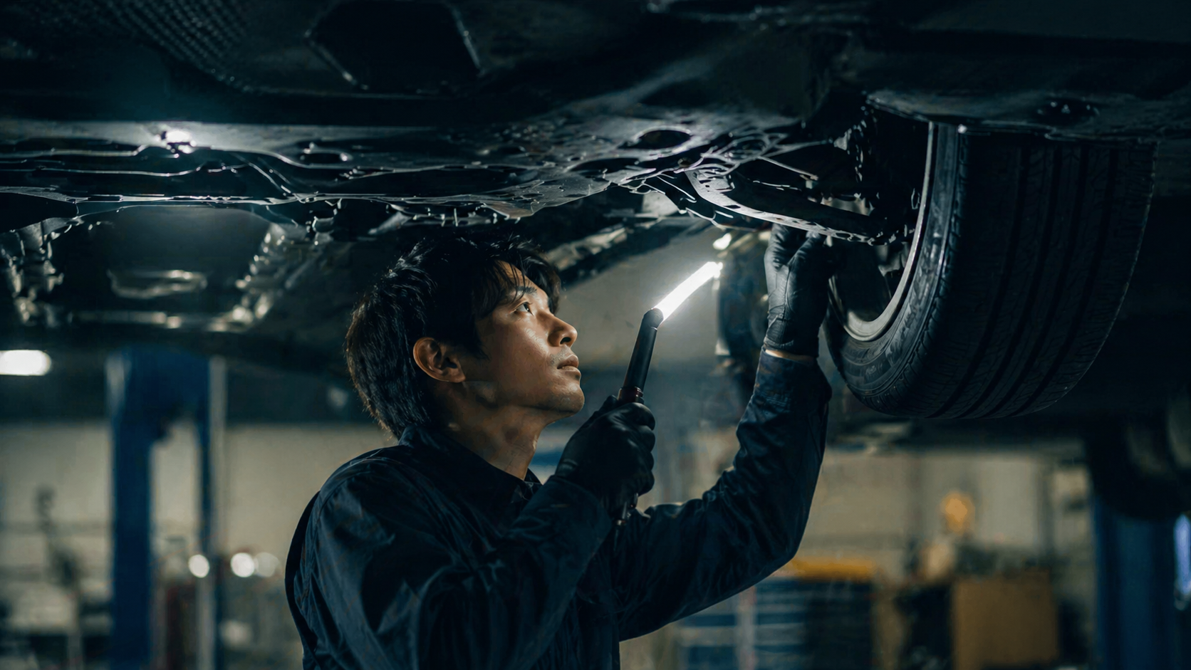 車両下回りを点検する整備士